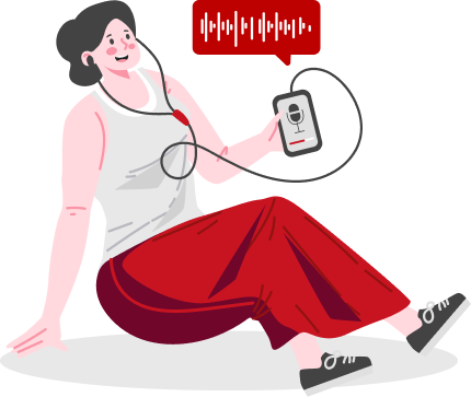 Mujer sentada escuchando un podcast con audífonos y un teléfono